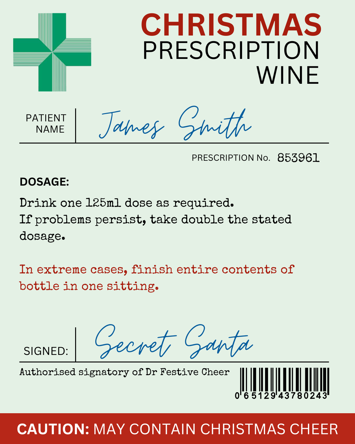 Funny Personalised Christmas Wine Bottle Prescription Label