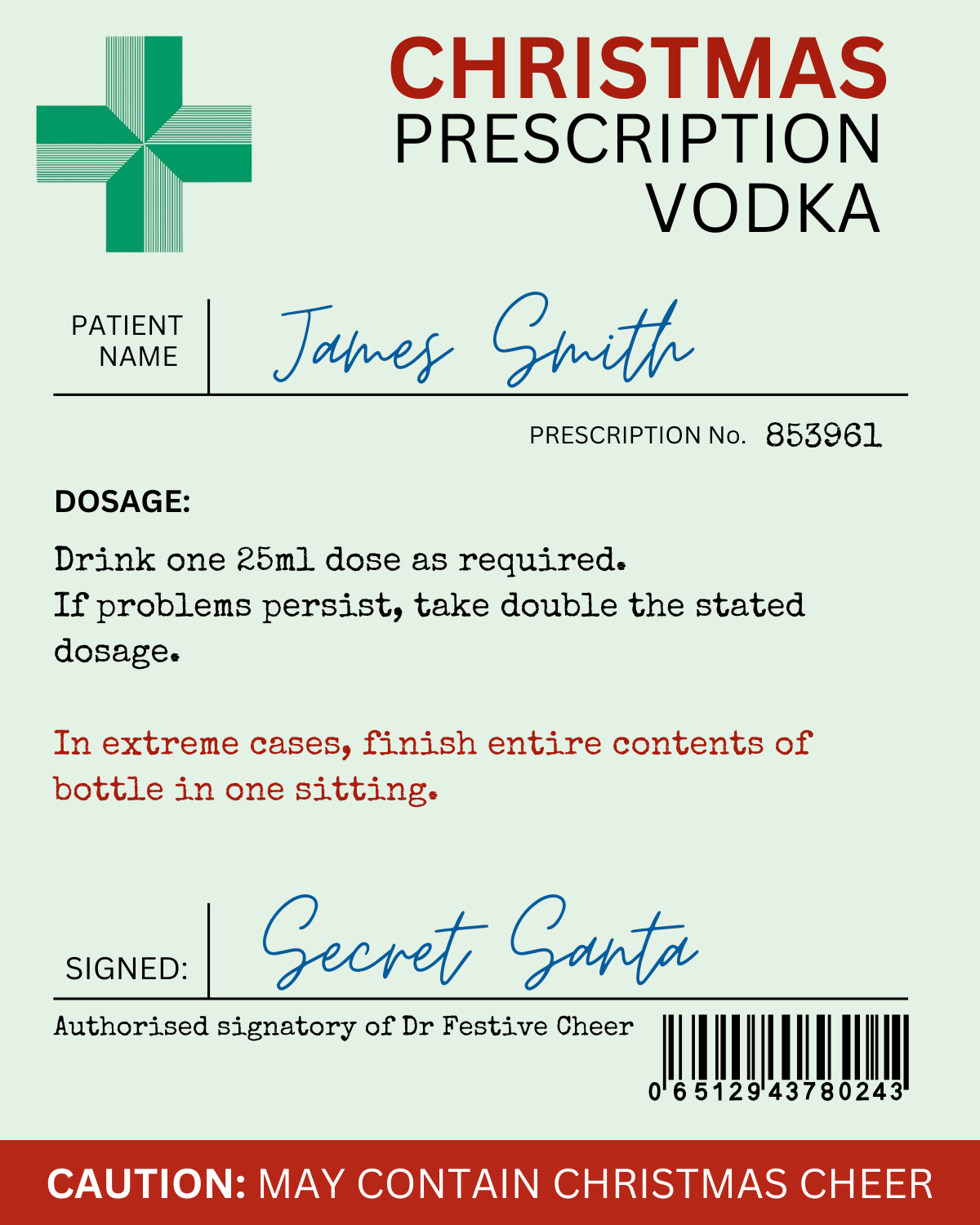 Funny Personalised Christmas Wine Bottle Prescription Label