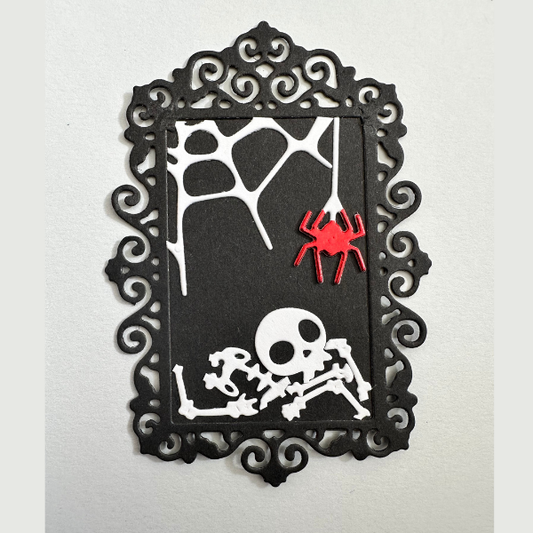 Funny Halloween Skeleton Bones with Red Spider in Black Ornate Picture Frame – Pack of 4 Die Cuts for Cardmaking, Scrapbooking & Crafts