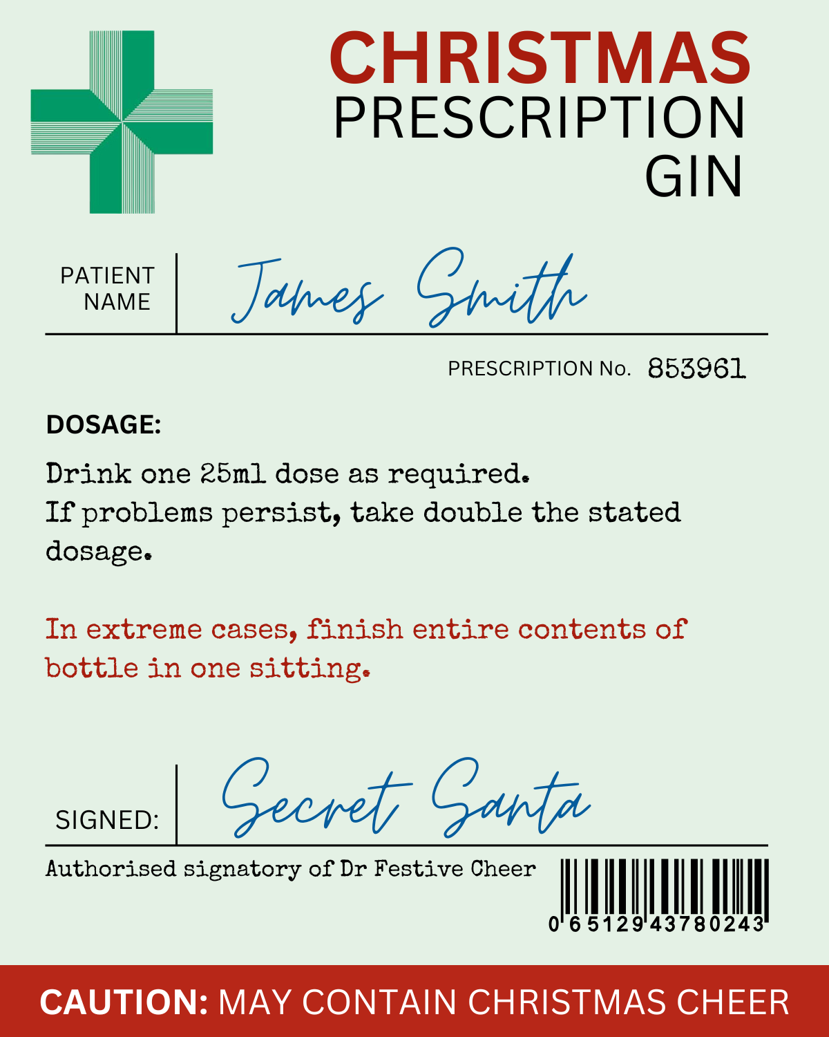 Funny Personalised Christmas Wine Bottle Prescription Label