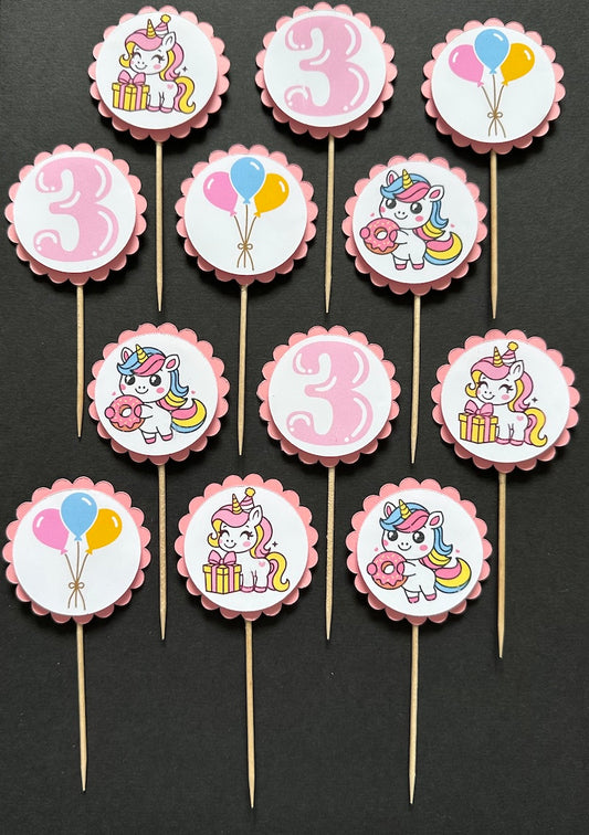 Unicorn Cupcake Toppers 3rd Birthday - Pack of 12 Pink Unicorn Cupcake Toppers with Balloons