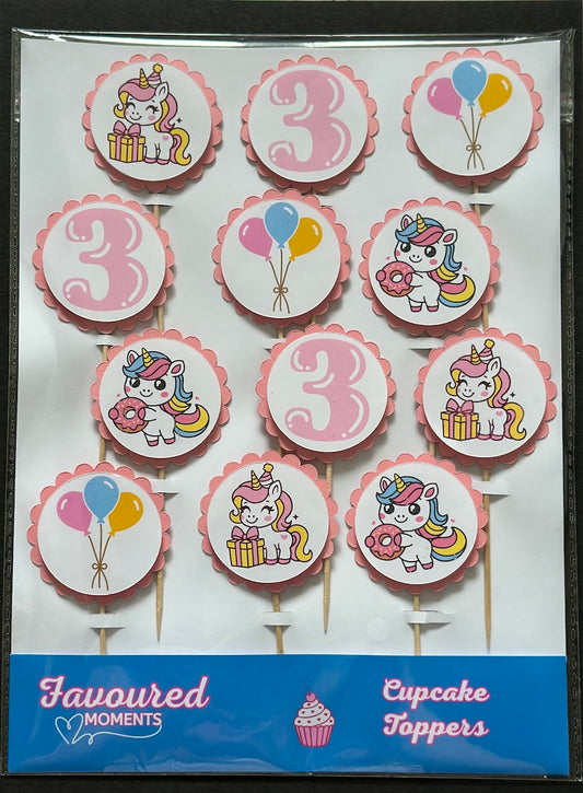 Unicorn Cupcake Toppers 3rd Birthday - Pack of 12 Pink Unicorn Cupcake Toppers with Balloons