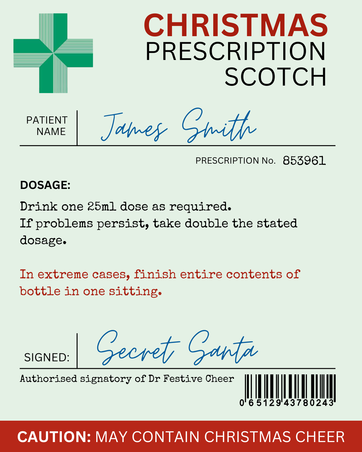 Funny Personalised Christmas Wine Bottle Prescription Label