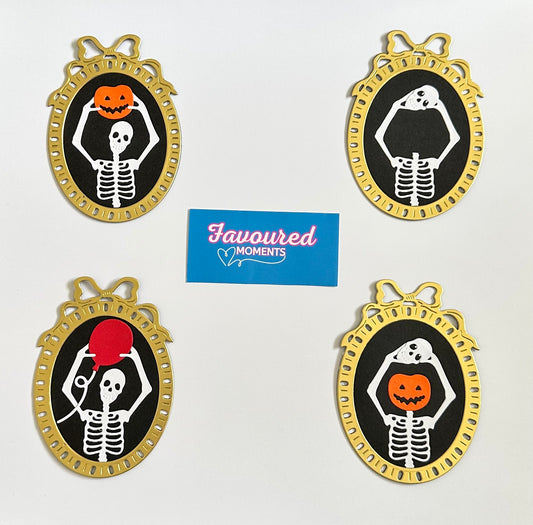 Funny Halloween Skeleton Picture Frame Die Cuts – Pack of 4 Cute & Spooky Designs with Pumpkins, Balloons & Skulls for Cardmaking & Scrapbooking