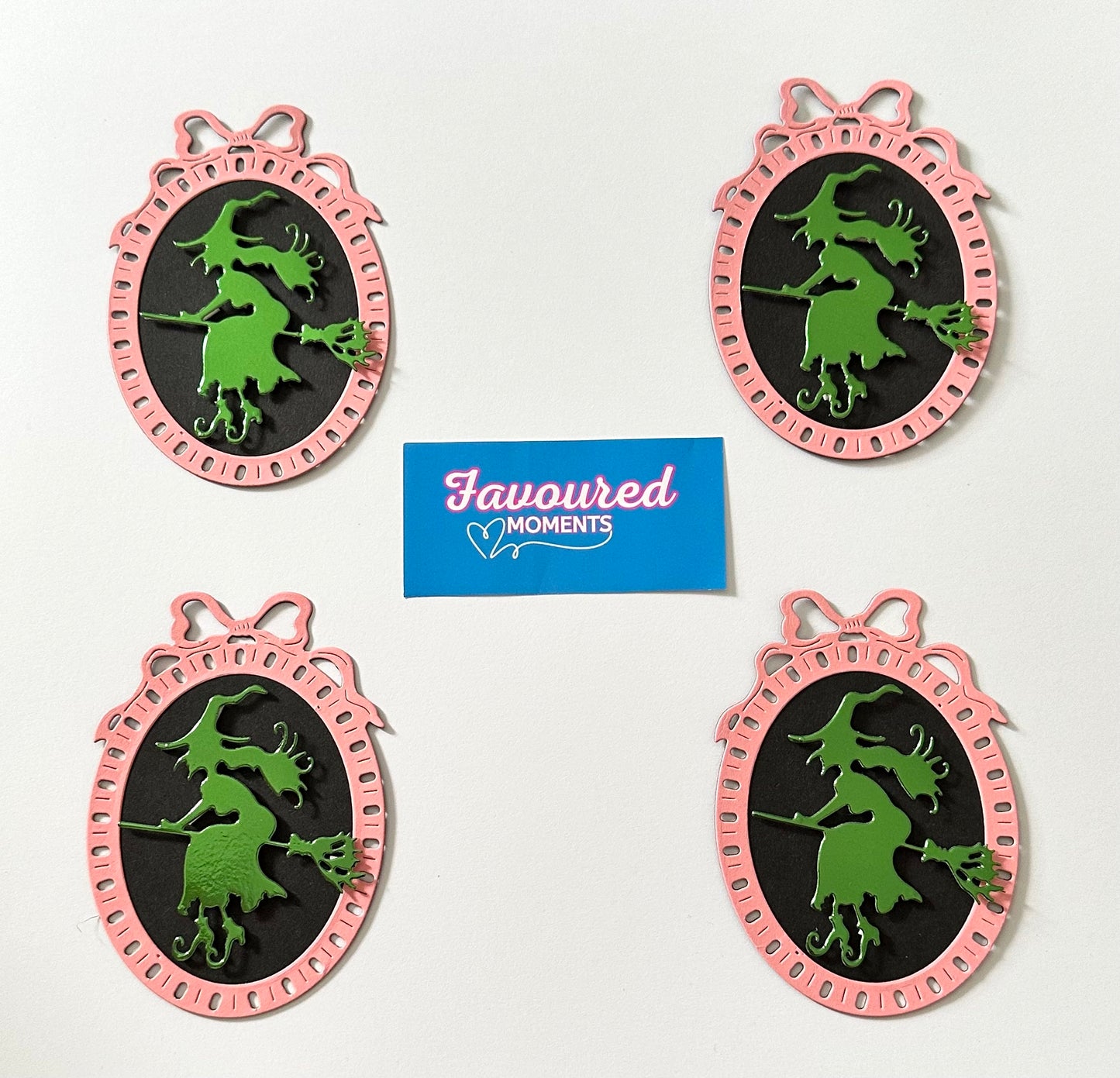 Green Witch on Broom in Pink Ornate Picture Frame – Pack of 4 Halloween Die Cuts for Cardmaking, Scrapbooking & Wicked-Inspired Crafts