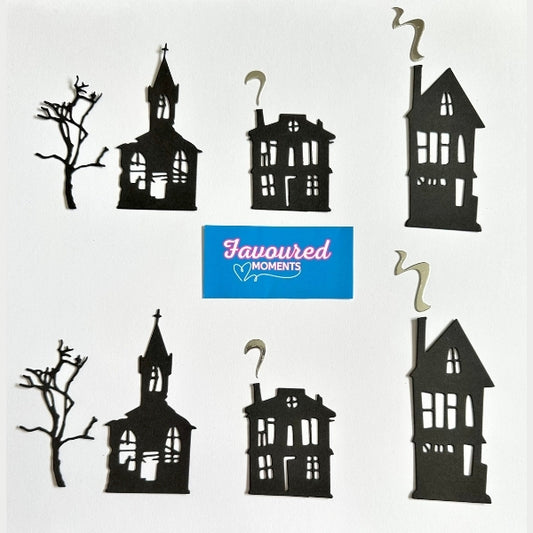 Haunted House Halloween Die Cut Pack – 12 Pieces | Spooky Trees & Smoke Whiffs
