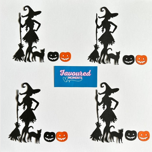 Playful Witch with Broomstick & Black Cat Halloween Die Cut Cut-Outs – Pack of 4